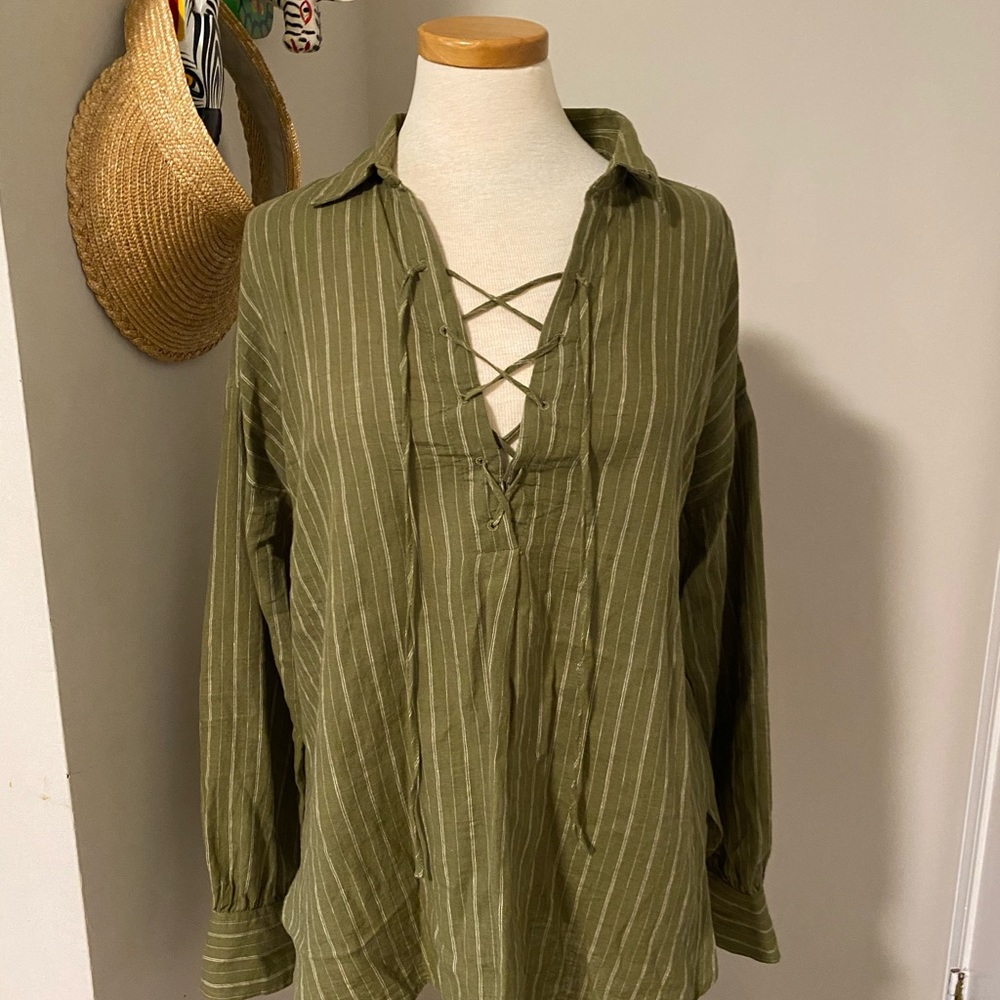 Free People Green Striped Lace Up Tunic Blouse